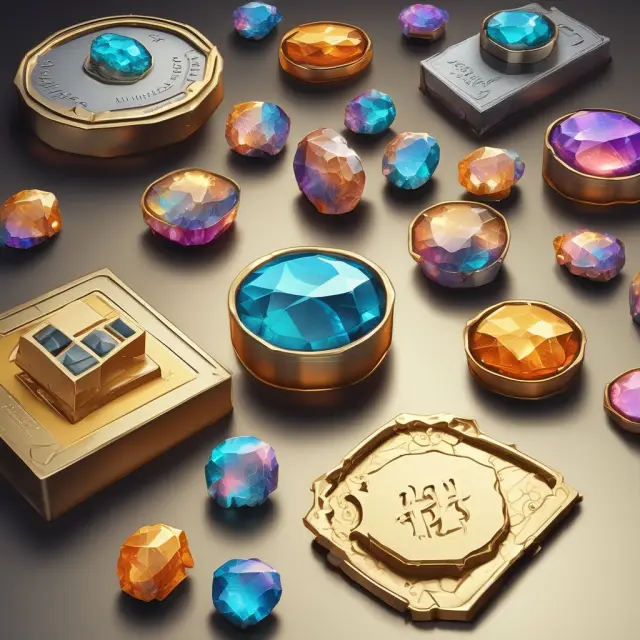 Golden CPM token, silver CPC token, and precious stone CPA token on a digital trading floor symbolizing brand awareness, user engagement, and conversions for institutional investments