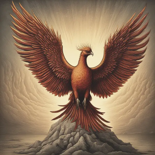 An image of Joseph Schumpeter with a mythical Phoenix arising from the ashes of an old industry, representing the concept of Creative Destruction.