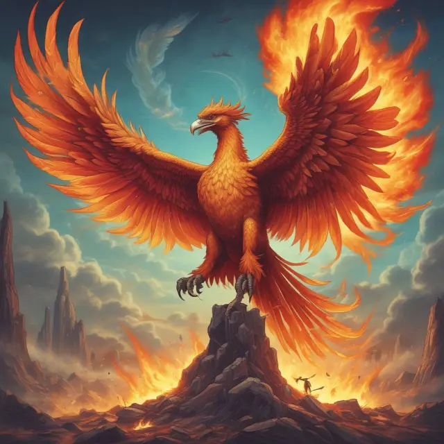 Image: An Austrian economist releasing a mythical phoenix from a book, symbolizing the continuous process of creative destruction and its role in economic growth.