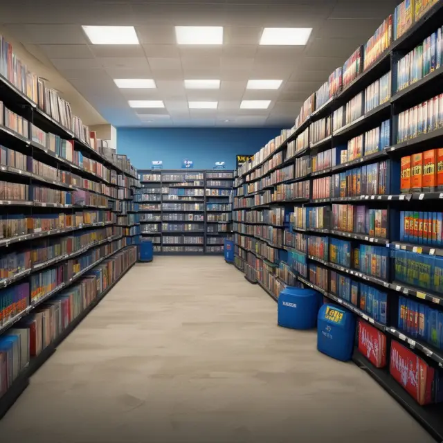 A powerful Netflix wave crashing over traditional Blockbuster video rental stores, symbolizing the disruptive impact on media and entertainment industries
