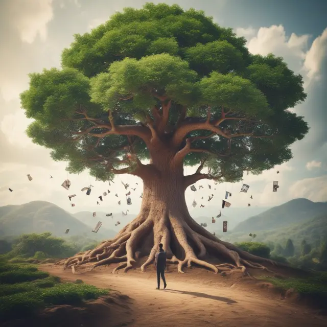 A fintech startup sprouting from the ground disrupts a traditional banking tree, symbolizing innovation and change