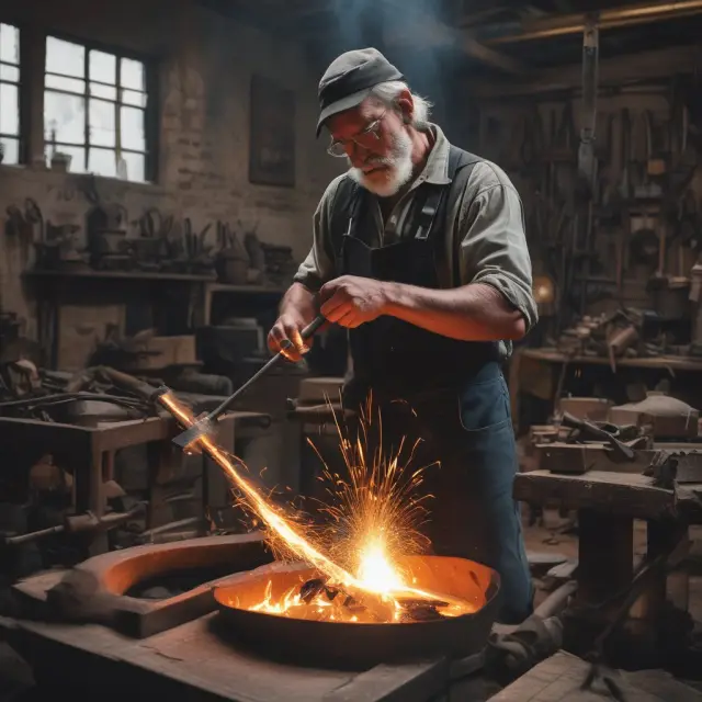 Blacksmith working on an anvil, pouring molten metal from outdated technologies into the creation of new innovative solutions, with environmental concerns symbolized by a smokestack in the background