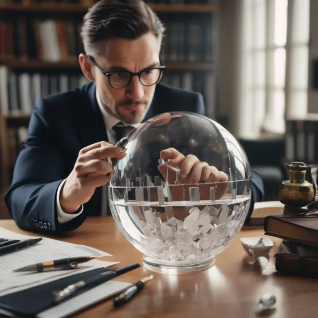 A credit analyst examines a crystal ball containing financial records to evaluate a borrower