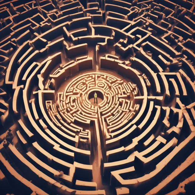 Credit analyst examining a complex financial maze, revealing hidden insights through careful data analysis.