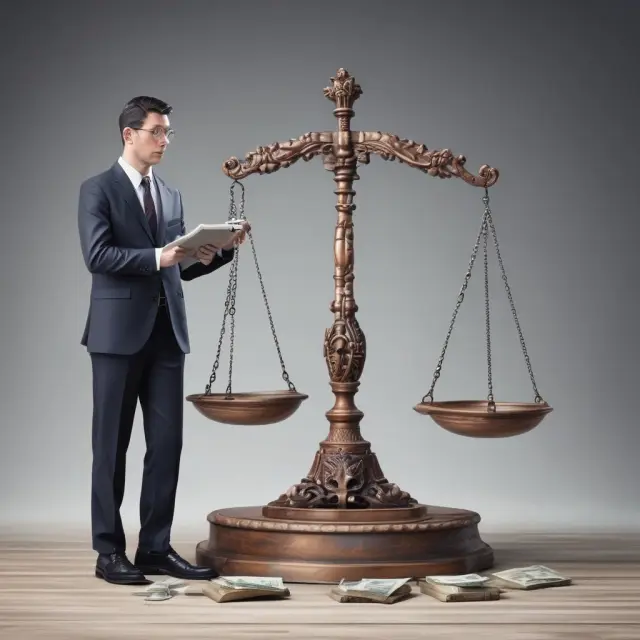 A credit analyst, depicted as a wise guardian, carefully weighs the financial worthiness of various borrowers using scales