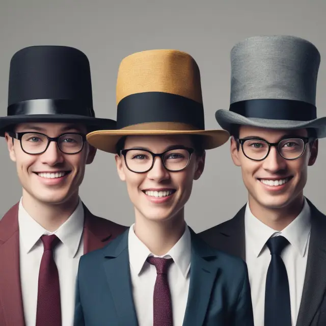 Three credit analysts wearing hats symbolizing commercial lending, investment banking, and risk management