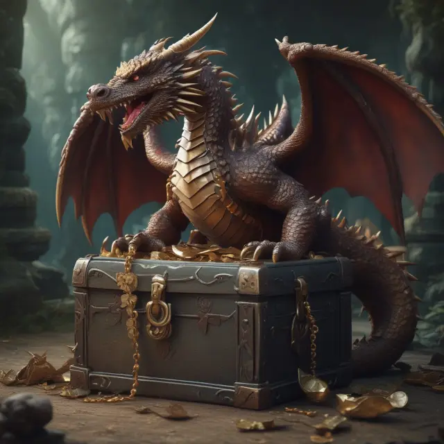 Dragon assessing creditworthiness with financial data to grant or deny access to a treasure chest