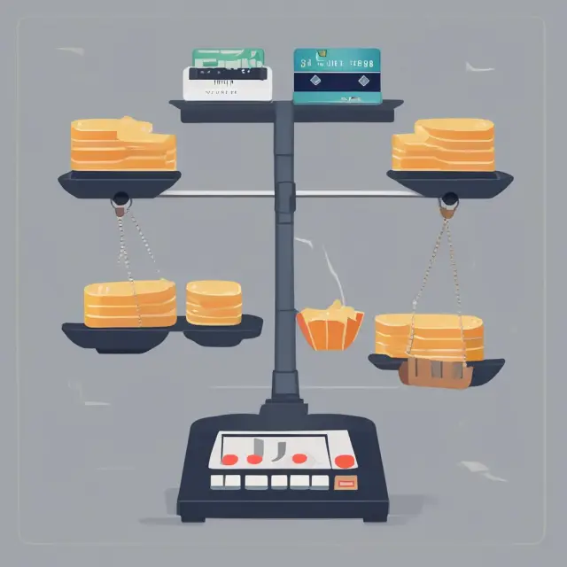 Image of a set of balancing scales with credit cards, representing the balance between purchases, fees, and balance transfers.
