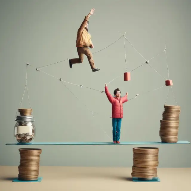 Person managing both emergency fund and credit card balances on a tightrope for financial stability