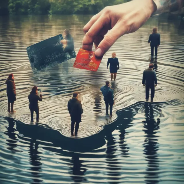 An image featuring a hand symbolizing cybercriminals stealing credit card information, causing ripples representing consumers and companies affected