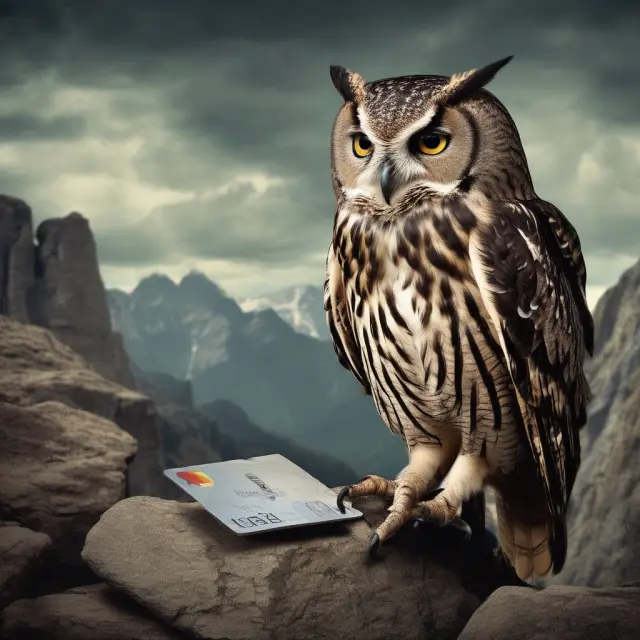 An owl watches over mountains of credit card data, symbolizing the importance of being vigilant in protecting financial info