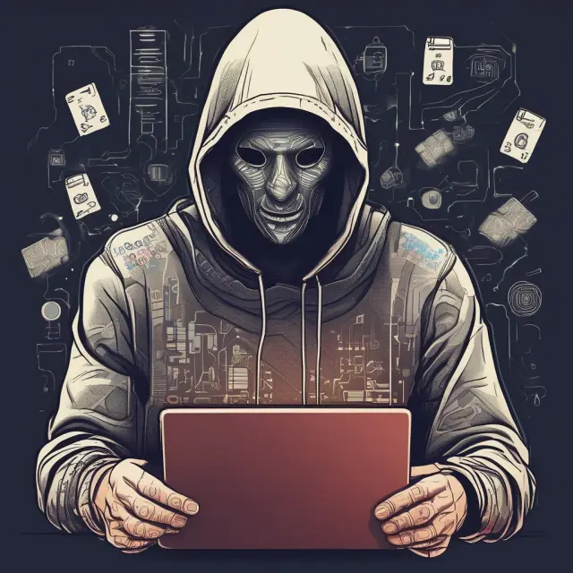 A cybercriminal extracting credit card data and combining it with an identity thief mask, threatening vulnerable consumers