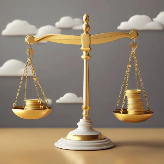 Golden scale with balanced weights for assets, liabilities, and credit score indicators