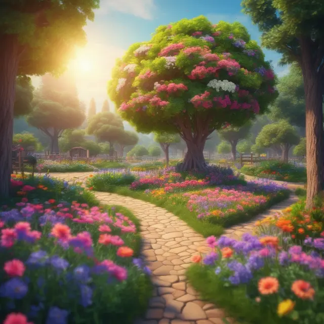 A lush garden with vibrant flowers symbolizing creditworthiness factors: payment history, credit utilization ratio, diverse credit mix, and lengthy roots representing a long-term credit history