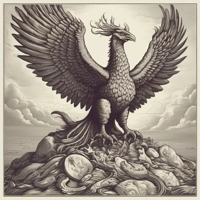 A mythical Phoenix bird emerging from a pile of debts, representing the journey towards financial stability and strong creditworthiness.
