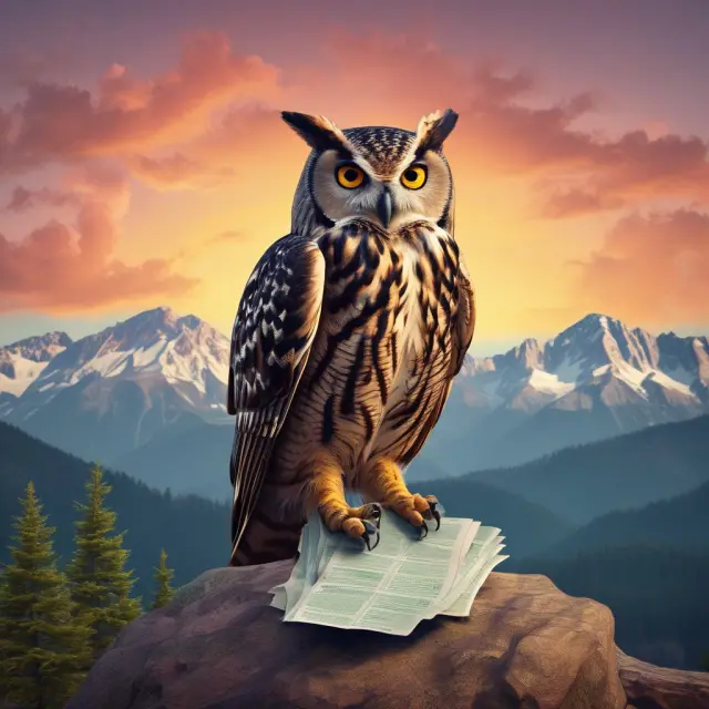 An owl keeps watch over a mountain of credit reports to maintain financial vigilance.