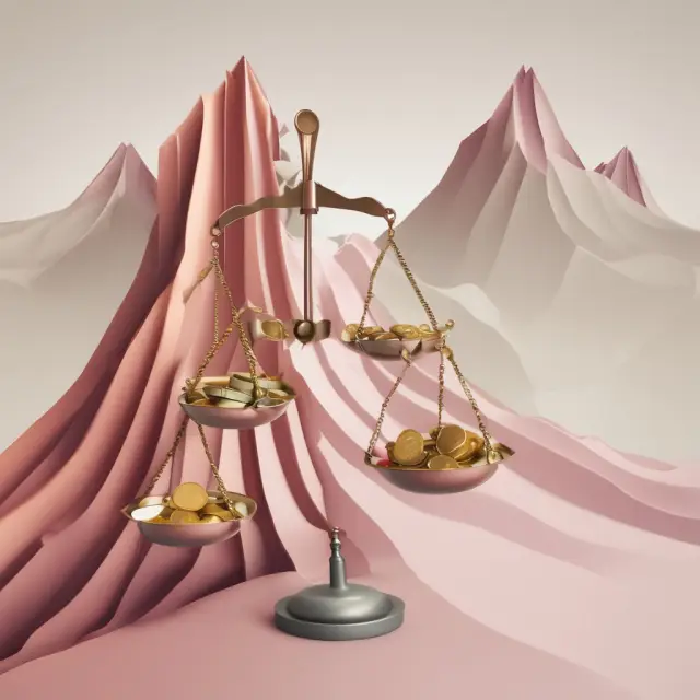 A pair of scales with a mountain of debt shrinking and income growing, indicating improved debt-to-income ratio