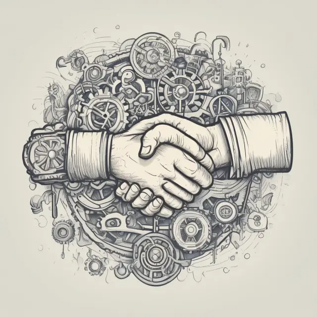 Lender and borrower shaking hands within a network of interlocking gears, representing the concept and importance of credit in financing.