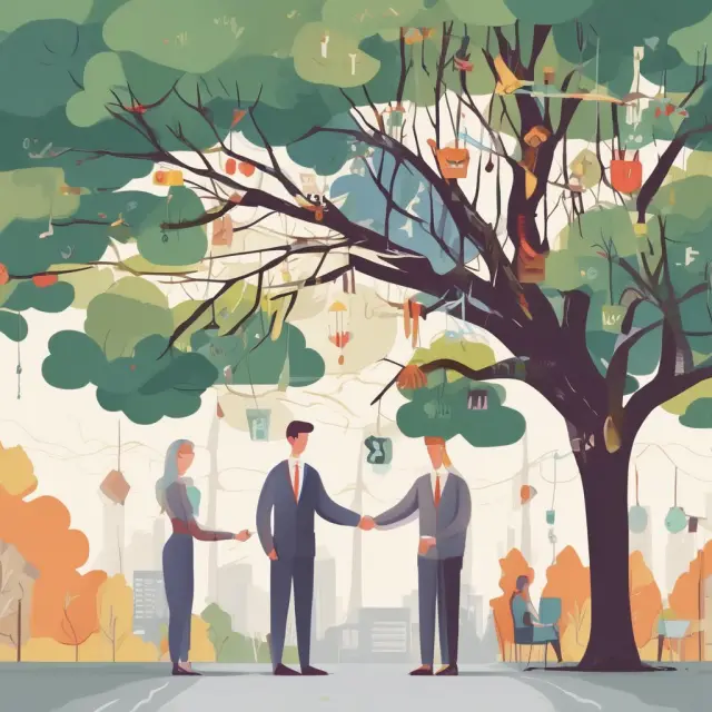 Image: A handshake between two people representing businesses beneath a tree with numerous branches, each branch signifying various business transactions facilitated by credit