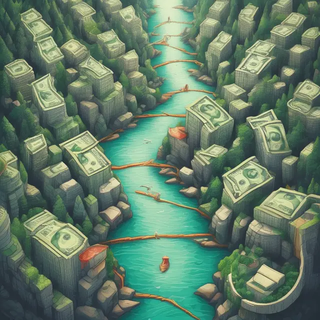 A river filled with individuals, organizations, and banks exchanging credit as a means of financing various transactions