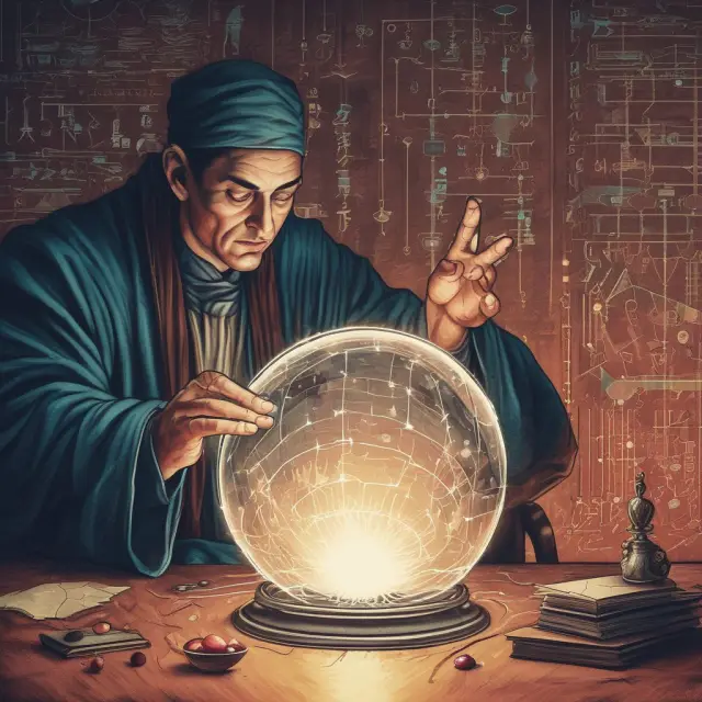 A fortune teller examines a crystal ball brimming with data streams, symbolizing credit bureaus