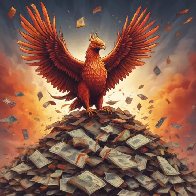 A mythical Phoenix rising above credit cards and debt, representing the power of responsible credit usage in rebuilding finances