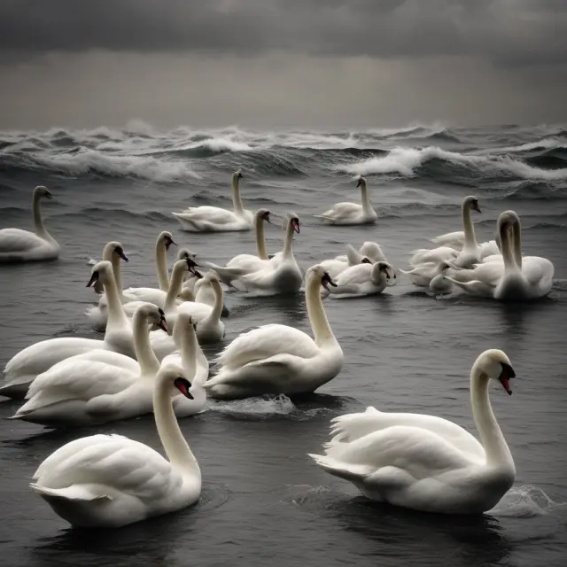 An image of credit default swans calmly floating on a stormy sea, symbolizing their role in shielding European countries from the turmoil of the sovereign debt crisis