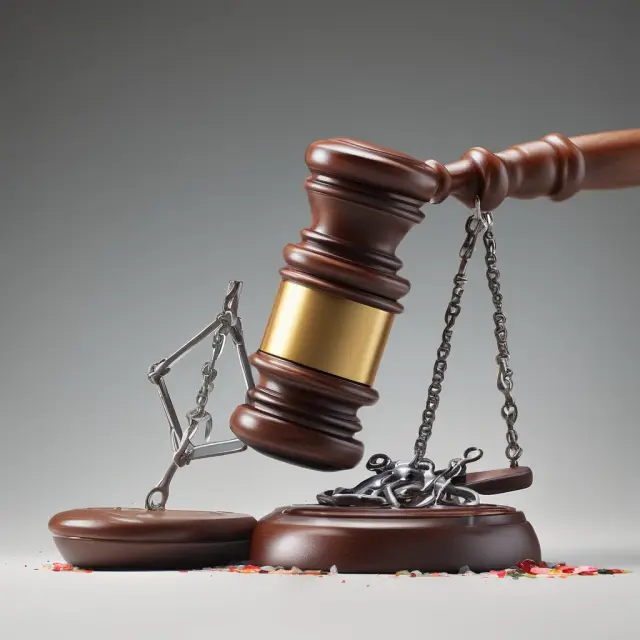 A creditor holding a gavel breaks apart chains of debt, representing legal action to recover losses.