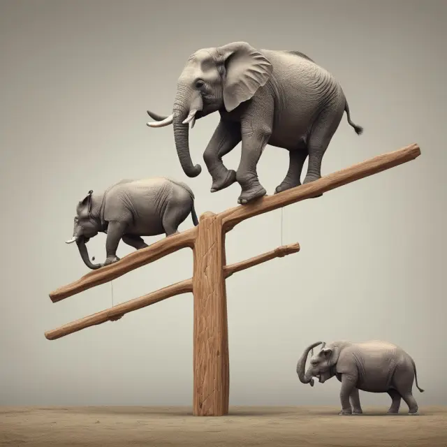 Elephant represents good creditworthiness, while rhino symbolizes poor credit rating; teetering seesaw illustrates balance and consequences