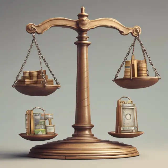 A balance scale illustrating the five Cs of credit risk assessment: capacity (income), capital (resources), conditions (terms), character (history), and collateral (securities).