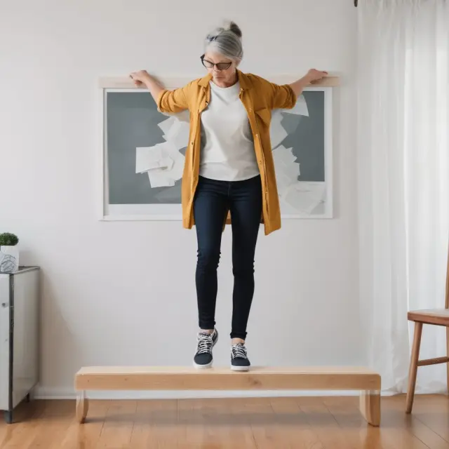 A homeowner weighs mortgage documents, symbolizing the assessment of credit risk in consumer lending. Balancing on a beam represents managing financial stability.