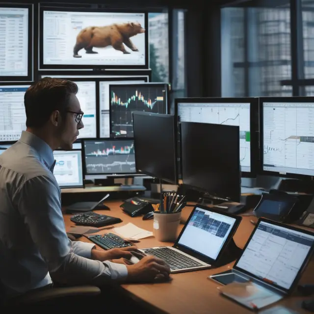 A hedge fund manager at a desk, scrutinizing a dual-screen setup displaying bull put spread and bear call spread strategies in options trading