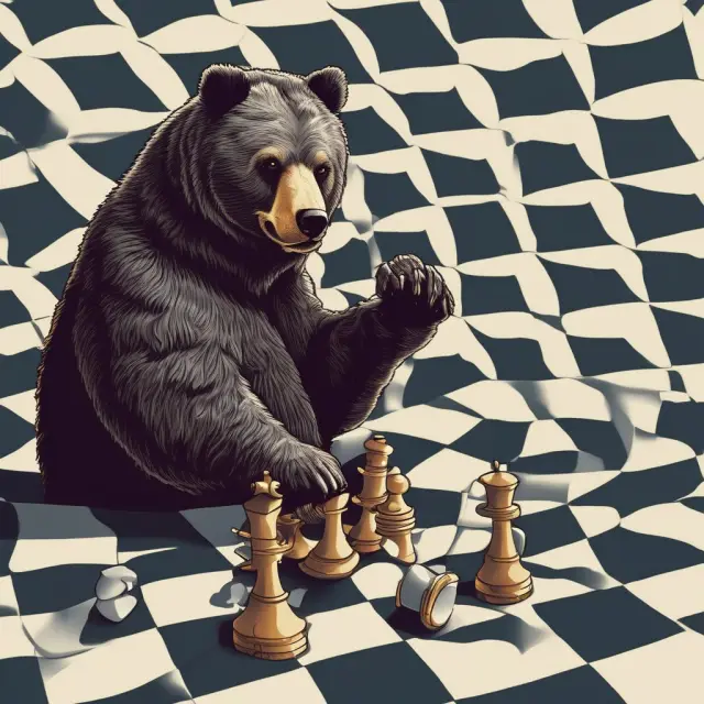 Black bear engaged in a strategic game of chess against golden bull options, symbolizing the bear call spread strategy