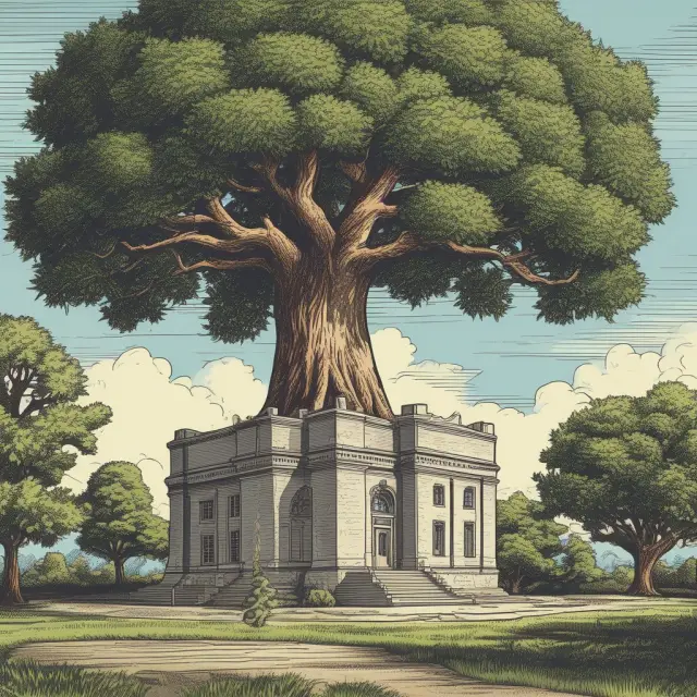 A credit union depicted as a sturdy, cooperative tree and a bank represented by an imposing financial fortress, emphasizing the differences between their tax-exempt statuses