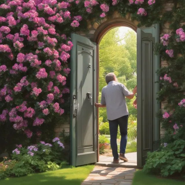 A person standing before an open door, entering a lush garden filled with various credit union logos and blooming flowers symbolizing growth.