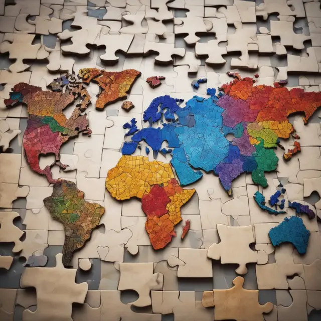 Business puzzle pieces representing diverse cultures, interconnecting to form a global mosaic. Symbolizing the significance of understanding cross-cultural differences in international business.