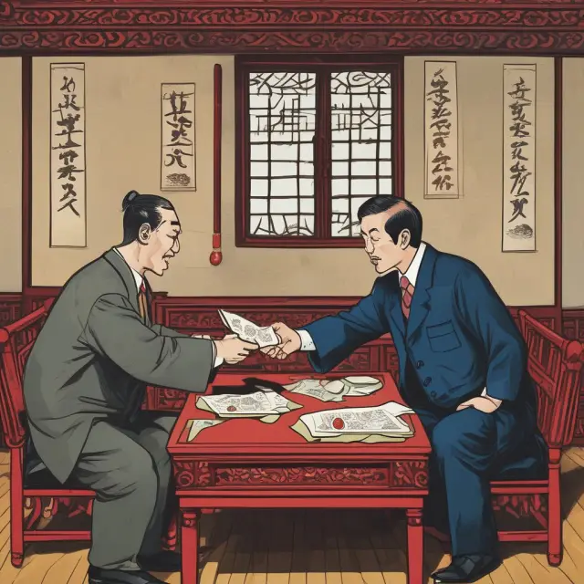 A Japanese and Chinese professional exchange business cards while sitting at a table adorned with traditional art and symbols from both cultures.