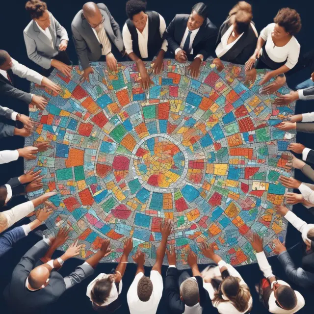 A colorful mosaic of business people interacting across cultures, symbolizing the implementation of practical strategies for effective cross-cultural communication