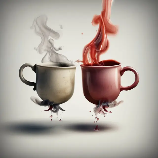 Two steaming cups exchange essences: a metaphor for how the price change in one 