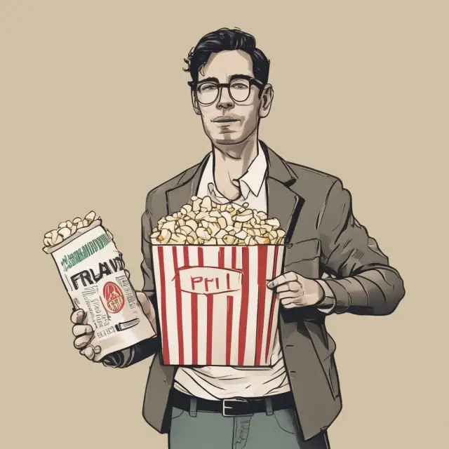 A moviegoer holding a popcorn bag and a large movie ticket illustrating the concept of negative cross elasticity, where an increase in one item