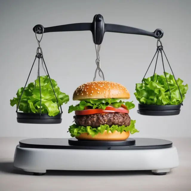 A hamburger and lettuce on a balance, symbolizing cross elasticity of demand in economics and business