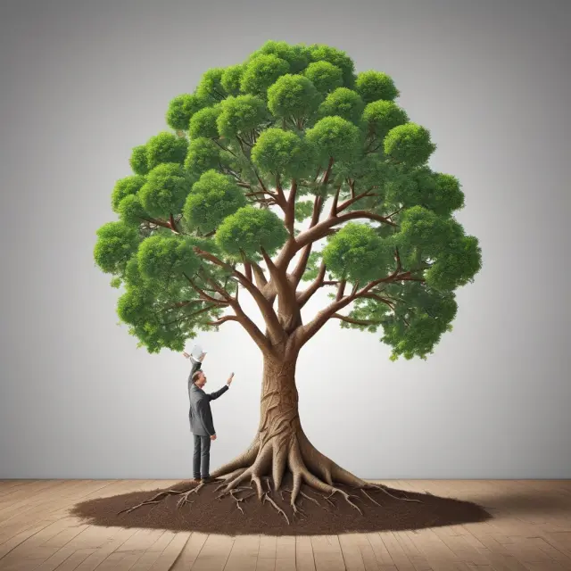 A financial advisor nurtures a tree whose branches bloom with various investment products, symbolizing the growth of diverse client portfolios through personalized recommendations