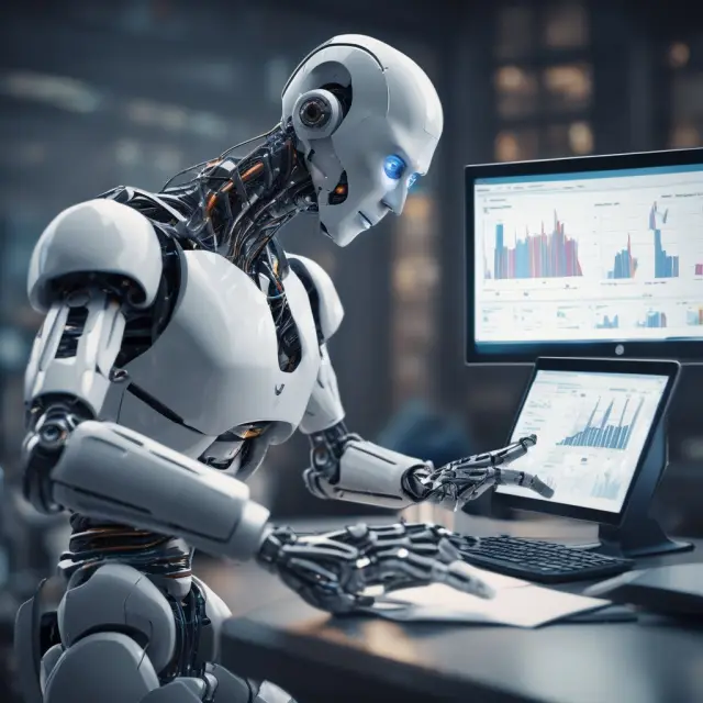 A robot advisor scanning data on a CRM system, recommending personalized cross-selling opportunities to clients
