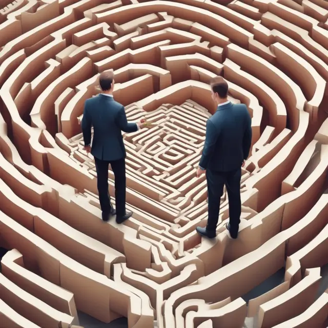 An image of a financial advisor helping a client navigate a maze filled with various financial products while employing psychological persuasion techniques.
