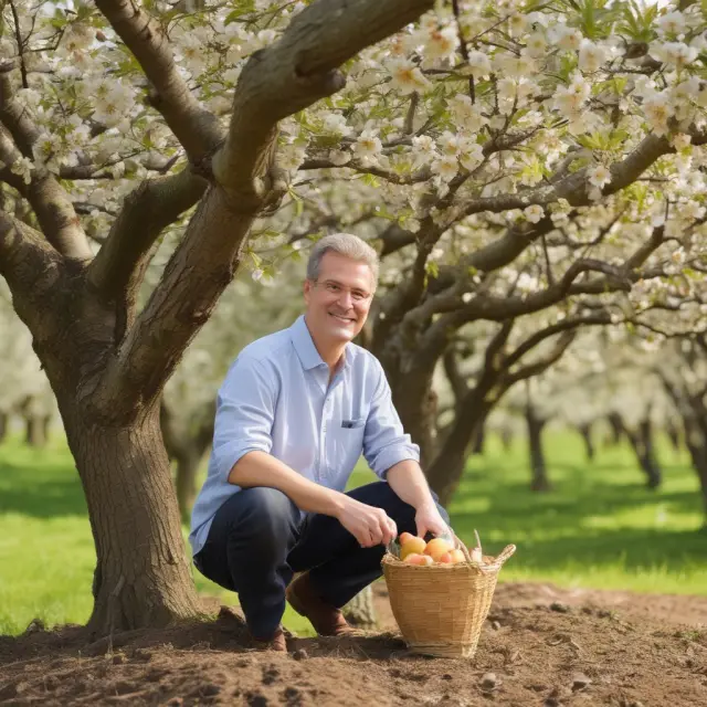 A financial advisor, symbolizing growth and care, tends to an abundant orchard of various financial products and services