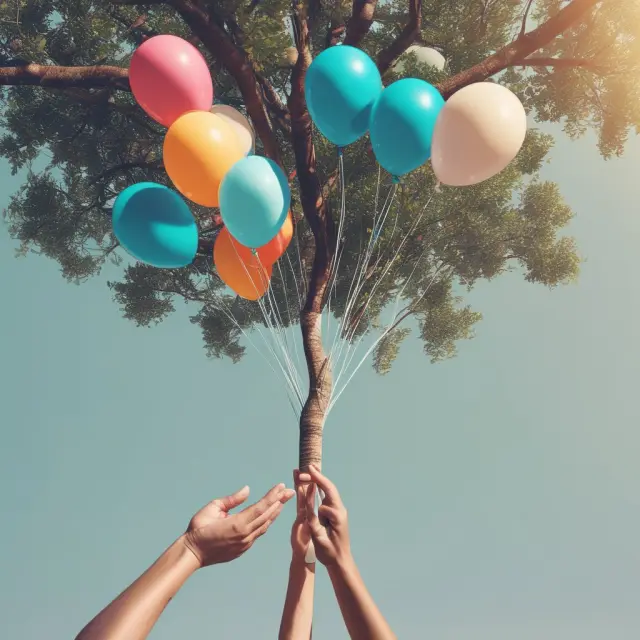 A hand releasing balloons signifies rewards-based crowdfunding, while another hand pours resources into a tree representing equity-based crowdfunding