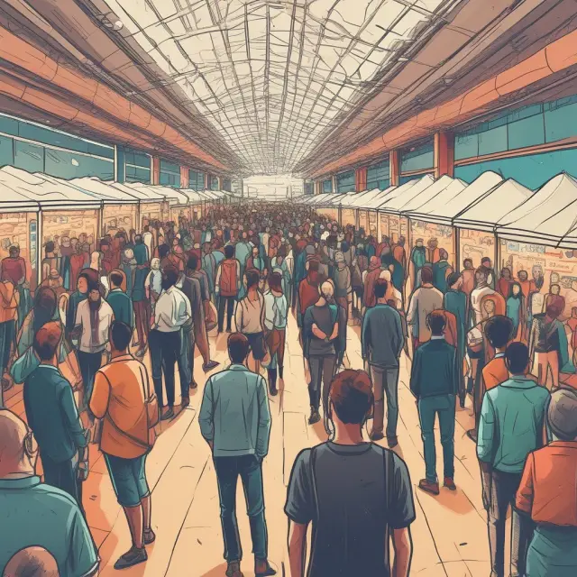 Entrepreneurs showcase ideas at a bustling crowdfunding marketplace. Pitching their projects amidst diverse offerings, they seek potential investors