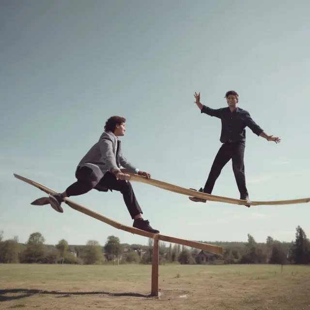 An entrepreneur stands on a seesaw representing the balance between Access to Funding and Reputation Risk in equity-based crowdfunding.
