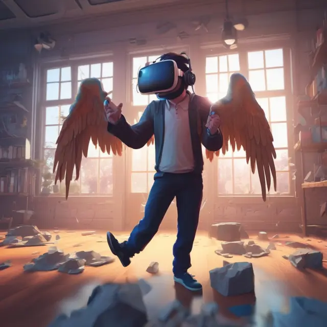 Oculus VR and M3D, two successful crowdfunded companies, represented by a virtual reality headset and 3D printer soaring in the sky