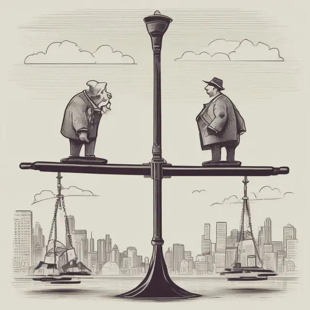 Metaphorical image of a seesaw representing economic conditions. Government stimulus depicted as weights on the left side, while crowding out shown as weights on the right side.